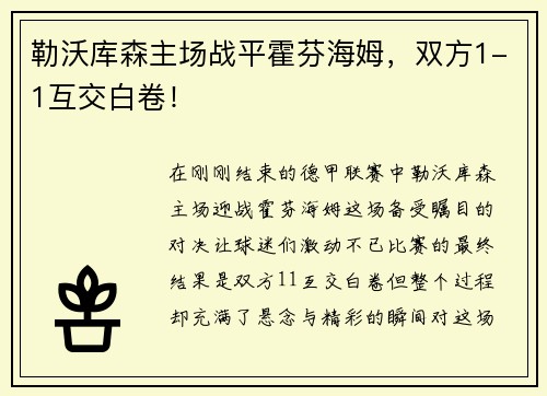 勒沃库森主场战平霍芬海姆，双方1-1互交白卷！