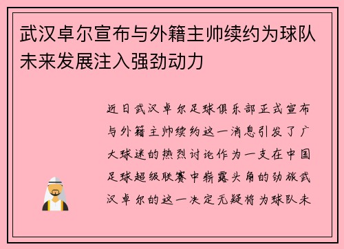 武汉卓尔宣布与外籍主帅续约为球队未来发展注入强劲动力