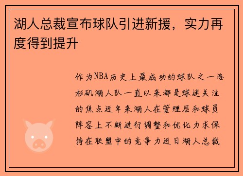 湖人总裁宣布球队引进新援，实力再度得到提升