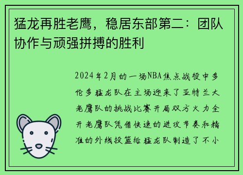 猛龙再胜老鹰，稳居东部第二：团队协作与顽强拼搏的胜利